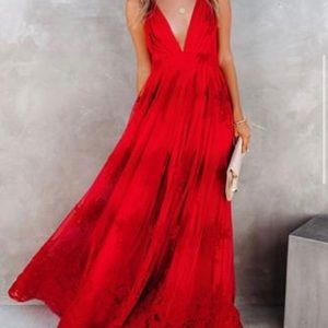Red floral lace mesh maxi dress